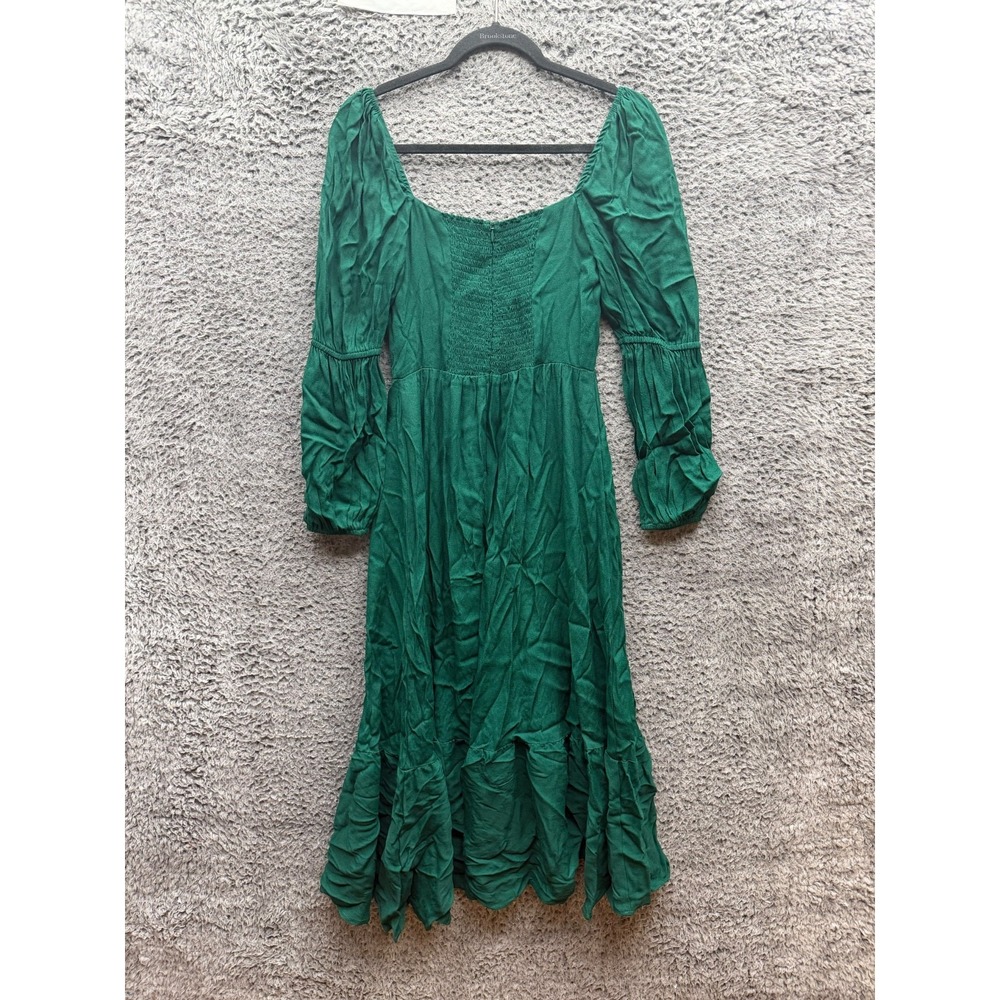 Reformation Mica Smocked Long Puff Sleeve Midi Dress Emerald Green Womens Size 2